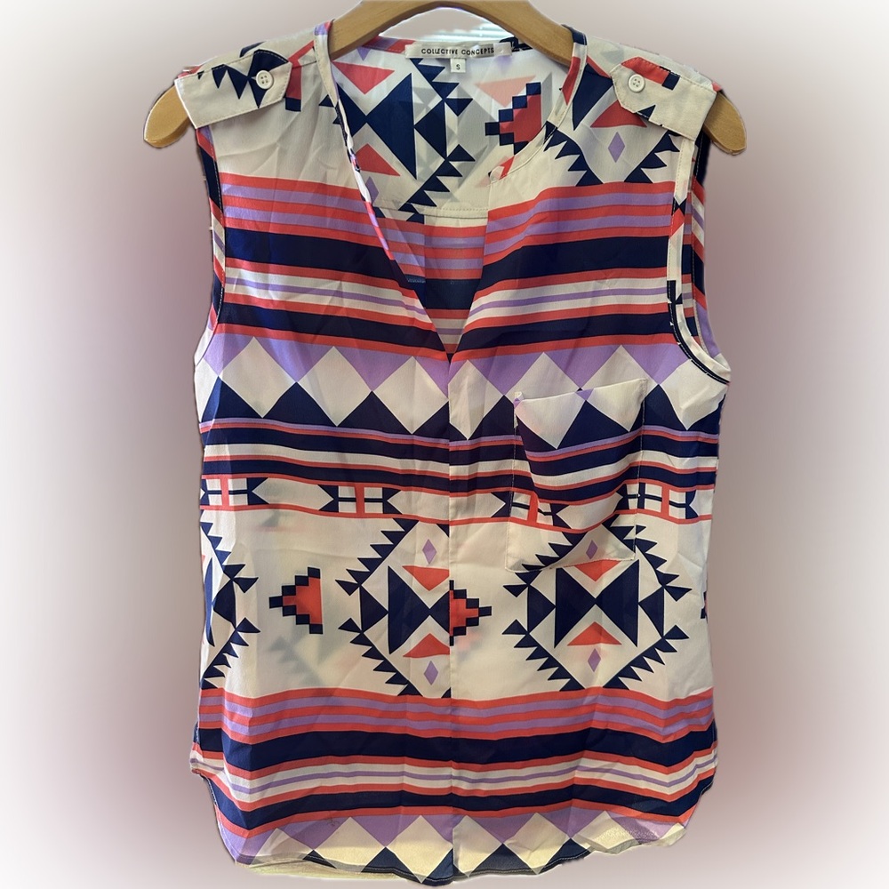 Collective Concepts Cream and Blue Graphic Tank Top